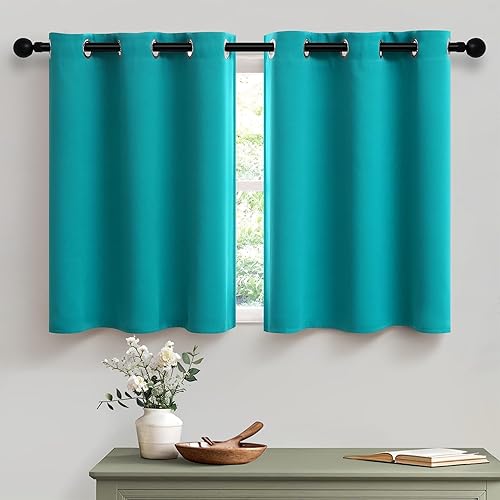 Cortinas opacas cortas de color verde azulado con ojales de 24 pulgadas de largo para baño, cocina, cafetería, media ventana para sótano, caravana,