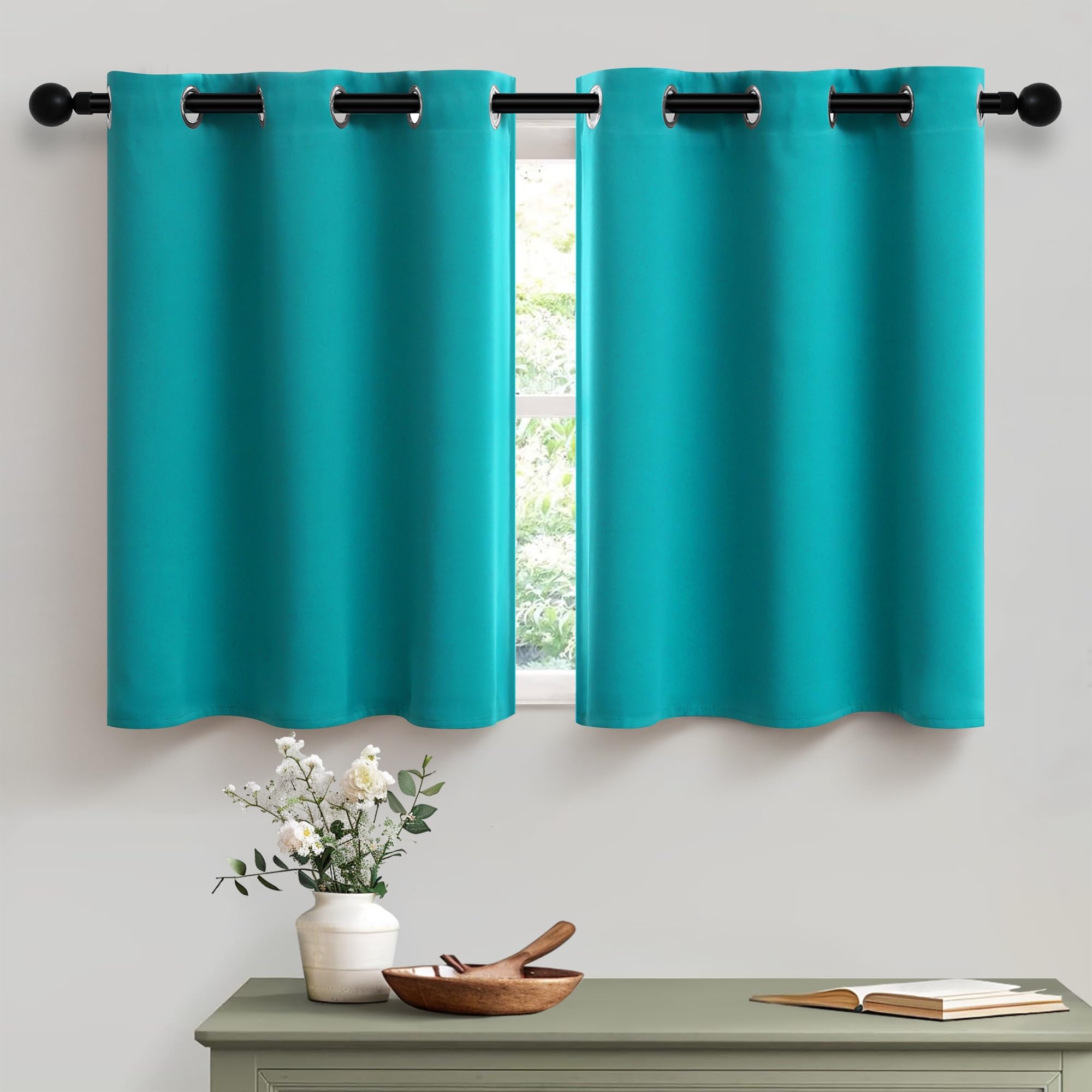 Pitalk Window Curtains Teal Grommet Short Blackout Curtain 24 Inch Length for Bathroom Kitchen Small Cafe Tiers Half Window for Basement RV Camper 34