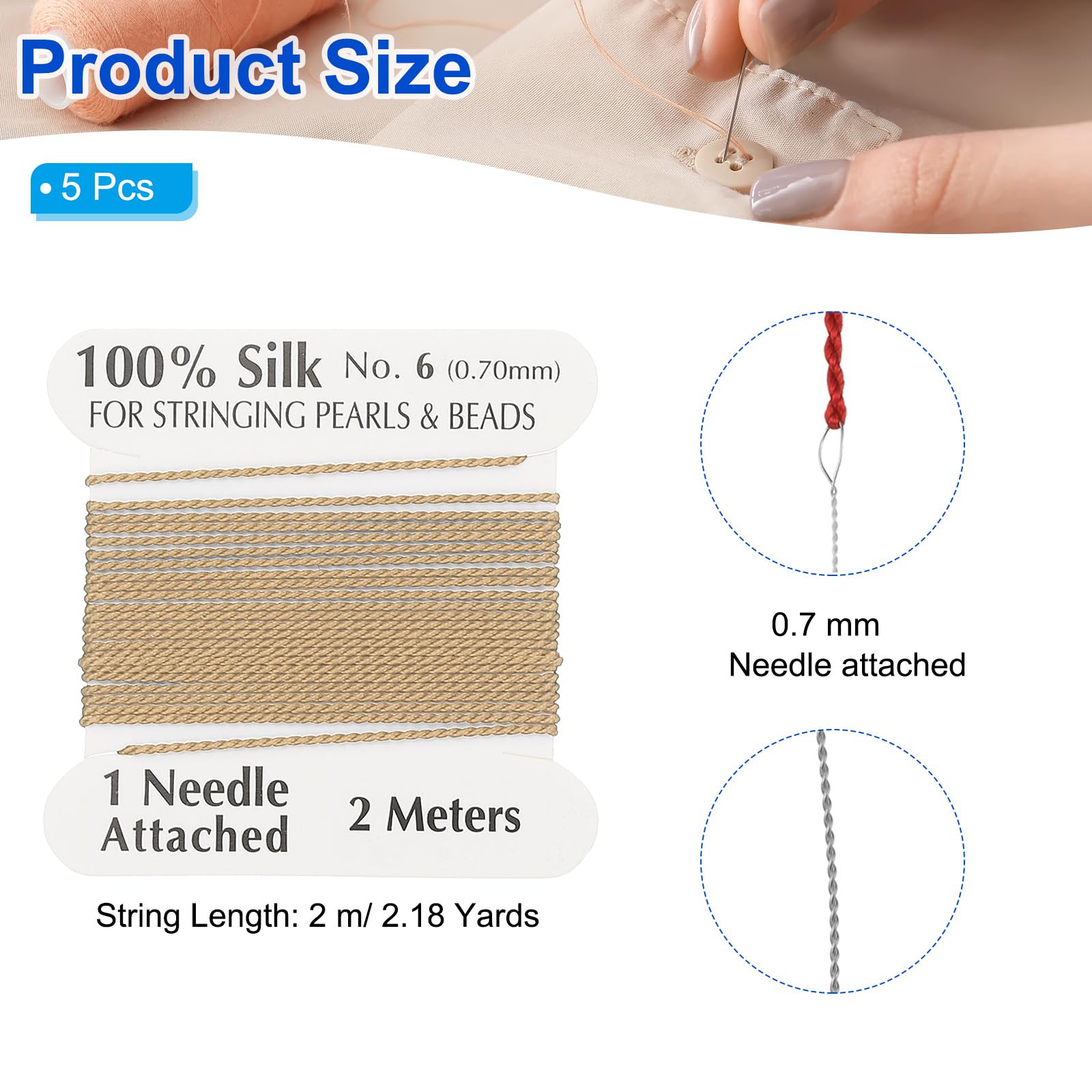 PATIKIL Silk Cord Thread, 5 Pcs Pure Silk Beading Thread Cord Size 0.7 mm with the Knotting Pearls Needle Attached, Gold Tone - Image 2