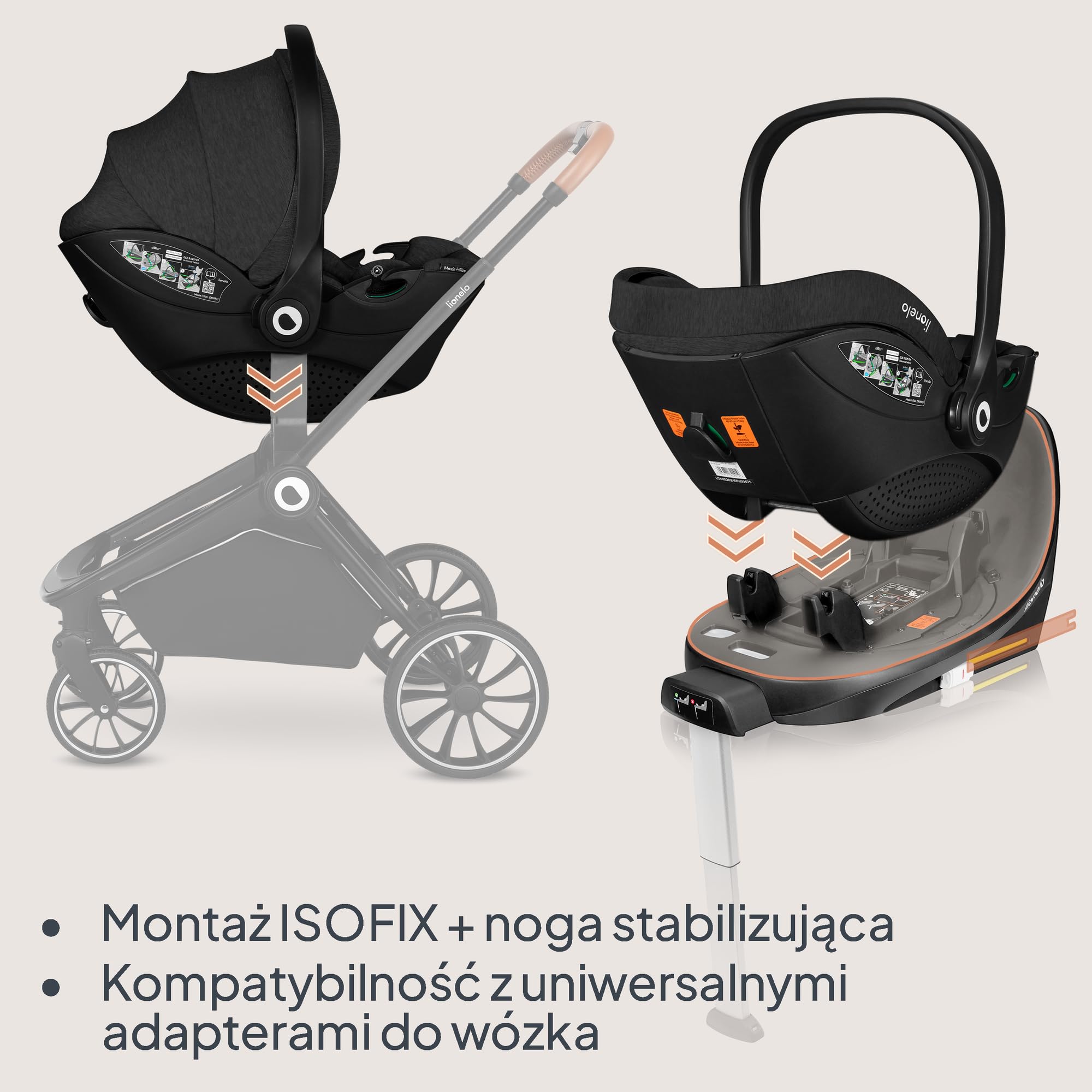 LIONELO MOXIE i-Size SET Dziecięcy Fotelik Samochodowy z Bazą 40-87 cm Nosidełko dla niemowląt Montaż ISOFIX i Noga Stabilizacyjna Ochrona Boczna, Regulacja Zagłówka Wkładka Dri-Seat