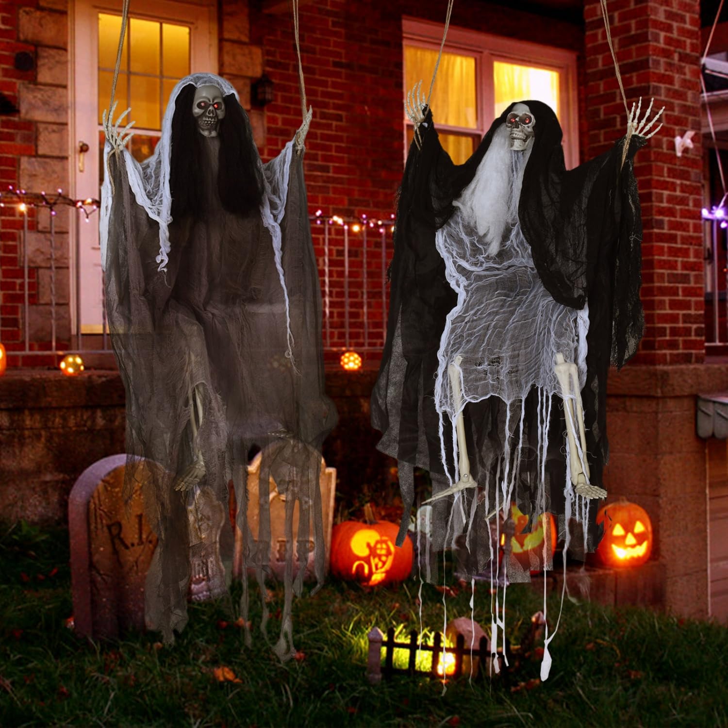 2 Packs Hanging Ghosts Halloween Decor 3 FT Halloween Decorations Outdoor Scary Skeleton with Light Up Eyes Halloween Swing Flying Ghost for Yard Lawn Garden Patio