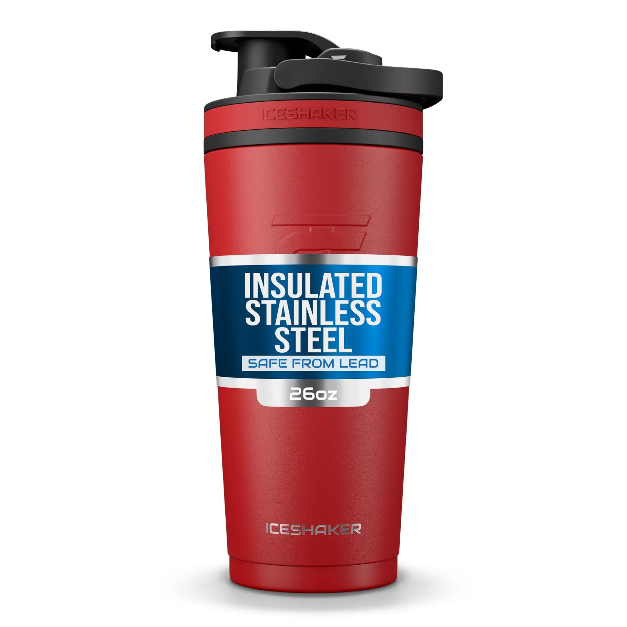 Ice Shaker Bottiglia shaker isolata in acciaio inox, 760 ml, rosso/nero, fredda per oltre 30 ore, tazza termica con agitatore avvitabile, bottiglia inodore per frullati proteici, acqua, frullati