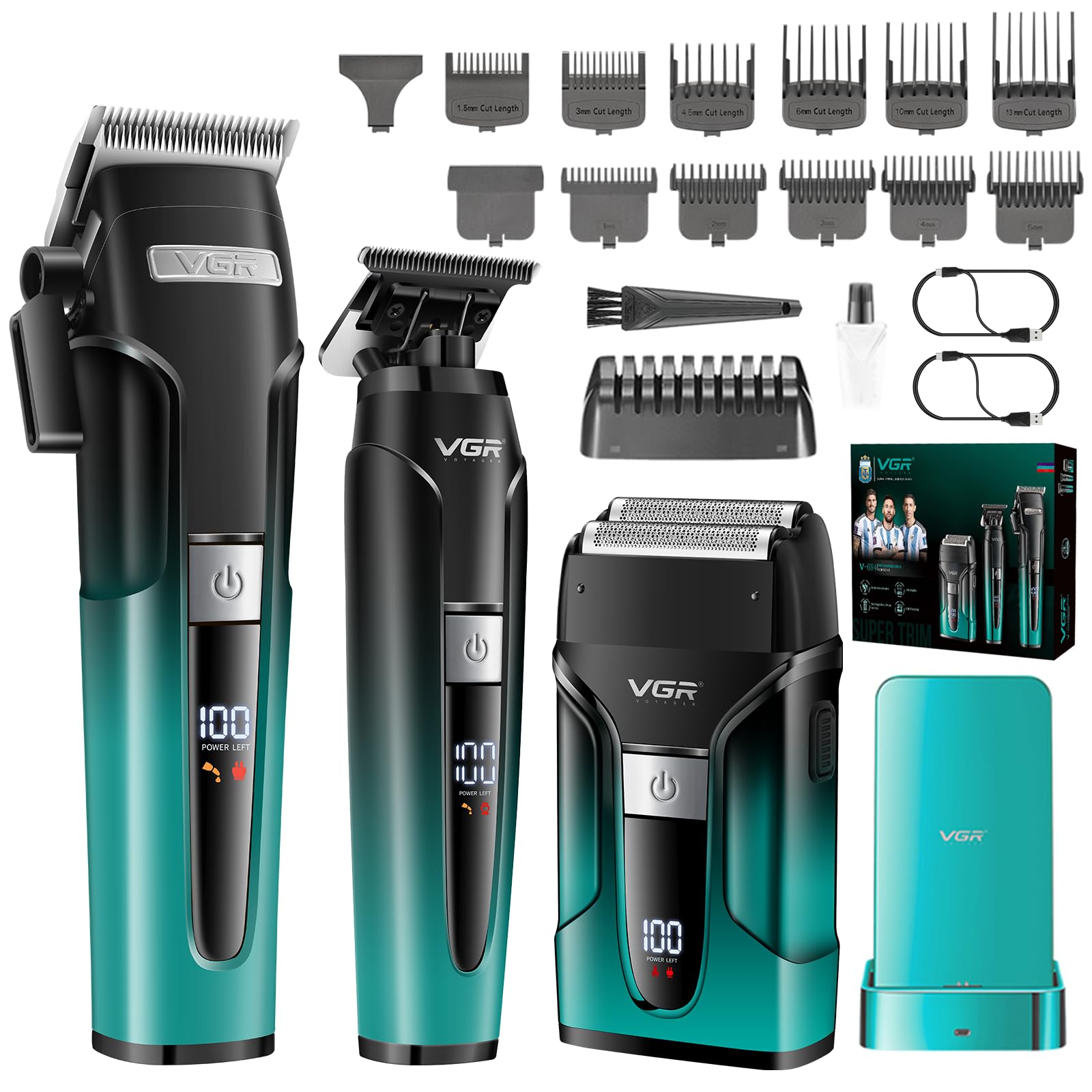 VGR 694 Maquina de Cortar Pelo Hombre Set, Base Magnética, Verde | Cortapelos Hombre Recortadora y Afeitadora de Pelo Inalámbrica Set, Hoja de Acero al Carbono Cerámico y Pantalla LED