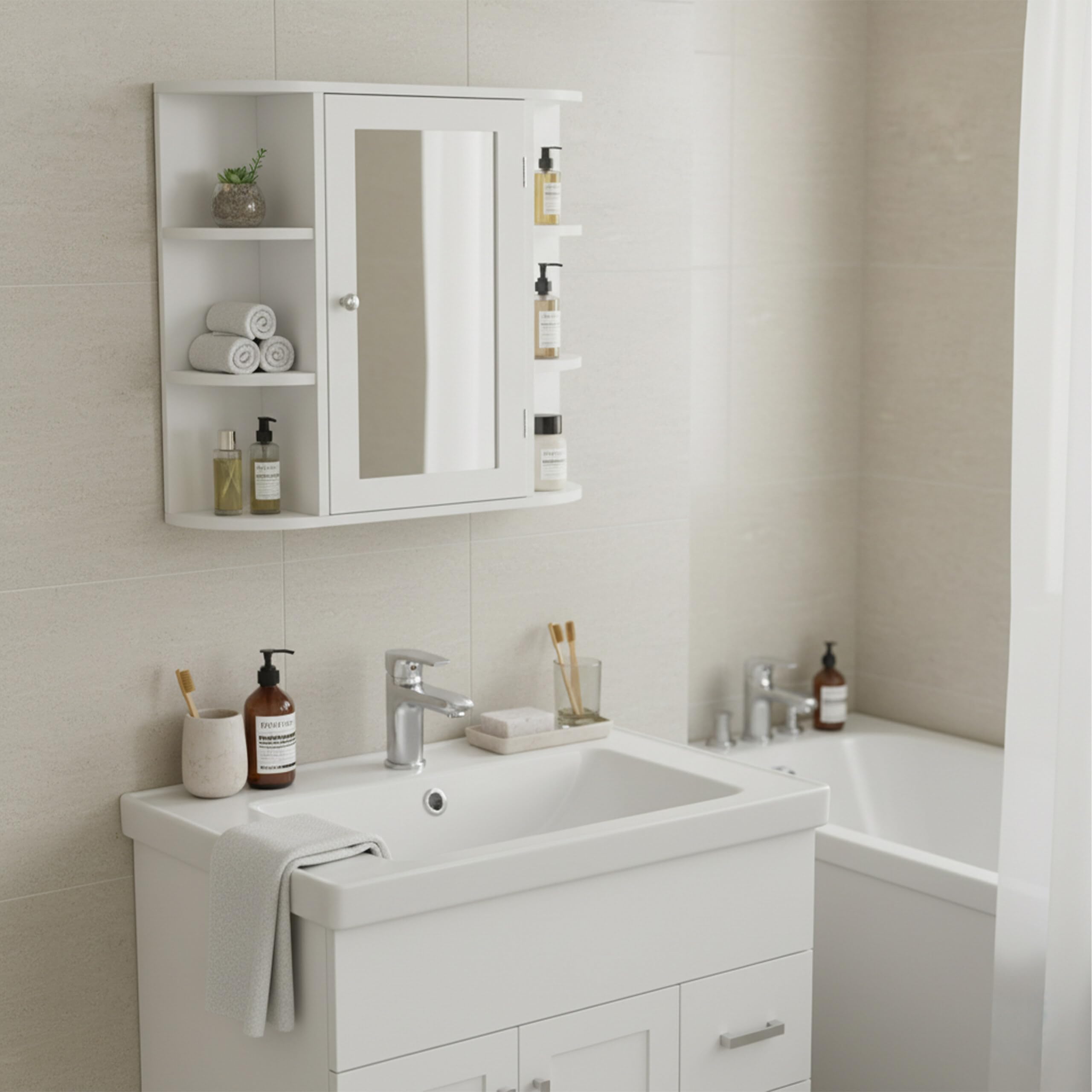 Relaxdays Armario con Espejo, 6 estantes, 4 Compartimentos, 58 x 61 x 18 cm, Montaje en Pared, Mueble de baño, Blanco.