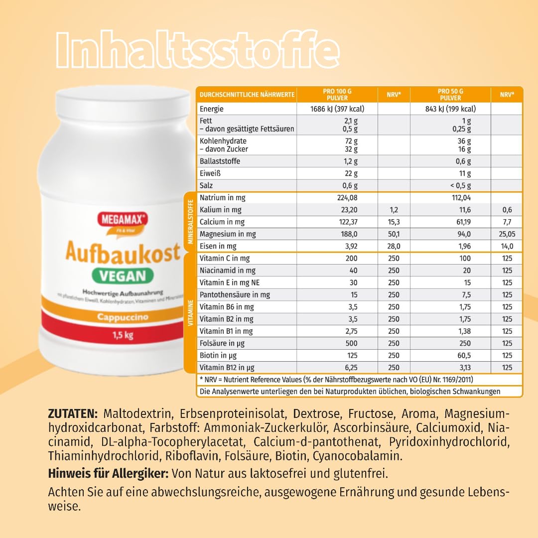 MEGAMAX Aufbaukost VEGAN Cappuccino 1.5 kg -Ideal bei Masseaufbau und Mangelernährung -Proteinpulver zur Zubereitung eines fettarmen Kohlenhydrat-Erbsenprotein Getränkes für Muskelmasse als Massgainer