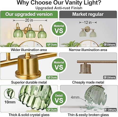 Miniatura 4 de Lámparas de baño (3 luces, 20 pulgadas), luces de tocador de oro cepillado para baño con pantalla de cristal de tulipán verde acanalado, luces de