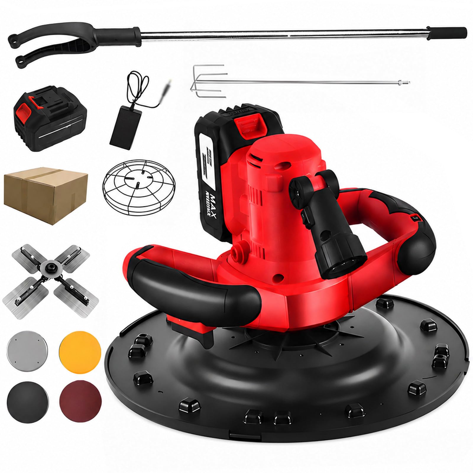 vnmudzeo Cordless Wall Smoothing Polisher,w/Mixing Rod + Blades + Mesh Guard,6-Speed Electric Concrete Trowel,for Wall & Mortar Construction 13000mAh