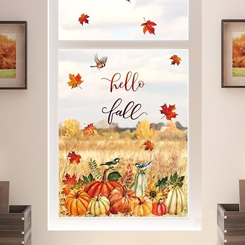 Miniatura 6 de Whaline 9 hojas de calcomanías coloridas de doble cara para ventana de otoño, Acción de Gracias, pájaro, calabaza, hoja de arce, calcomanías