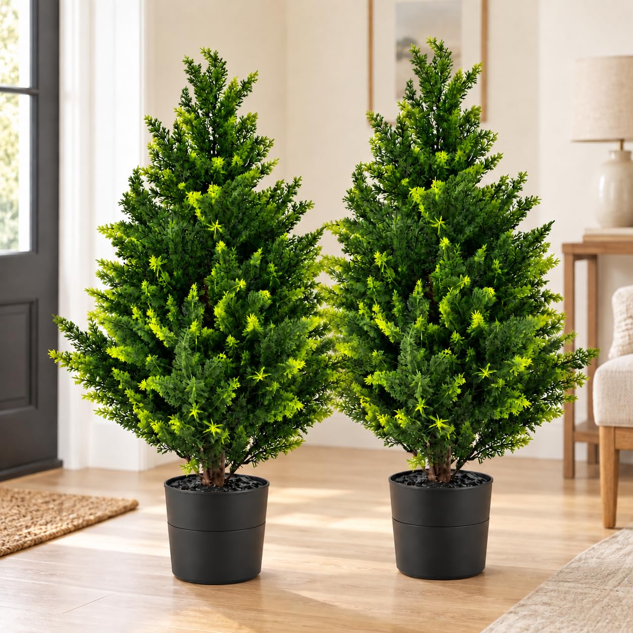 YUGYUM Set of 2 Artificial Cedar Trees, 70 cm Potted Faux Cypress Topiary Plants with Real Wood Trunks, UV Resistant Indoor Outdoor Evergreen Plants for Front Door, Porch, Entryway Christmas Decor — image 1