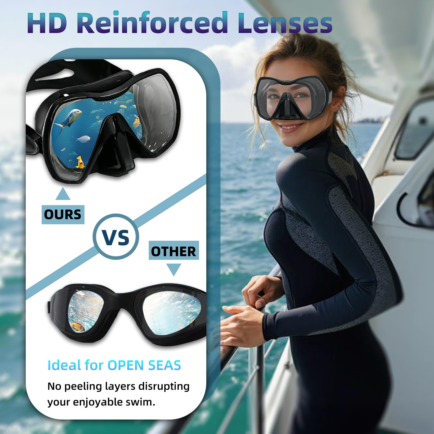 M120 - Máscara de buceo panorámica HD de silicona, antivaho de 180°, gafas de buceo de vidrio templado, gafas de buceo para adultos y jóvenes, gafas de natación para buceo, esnórquel y