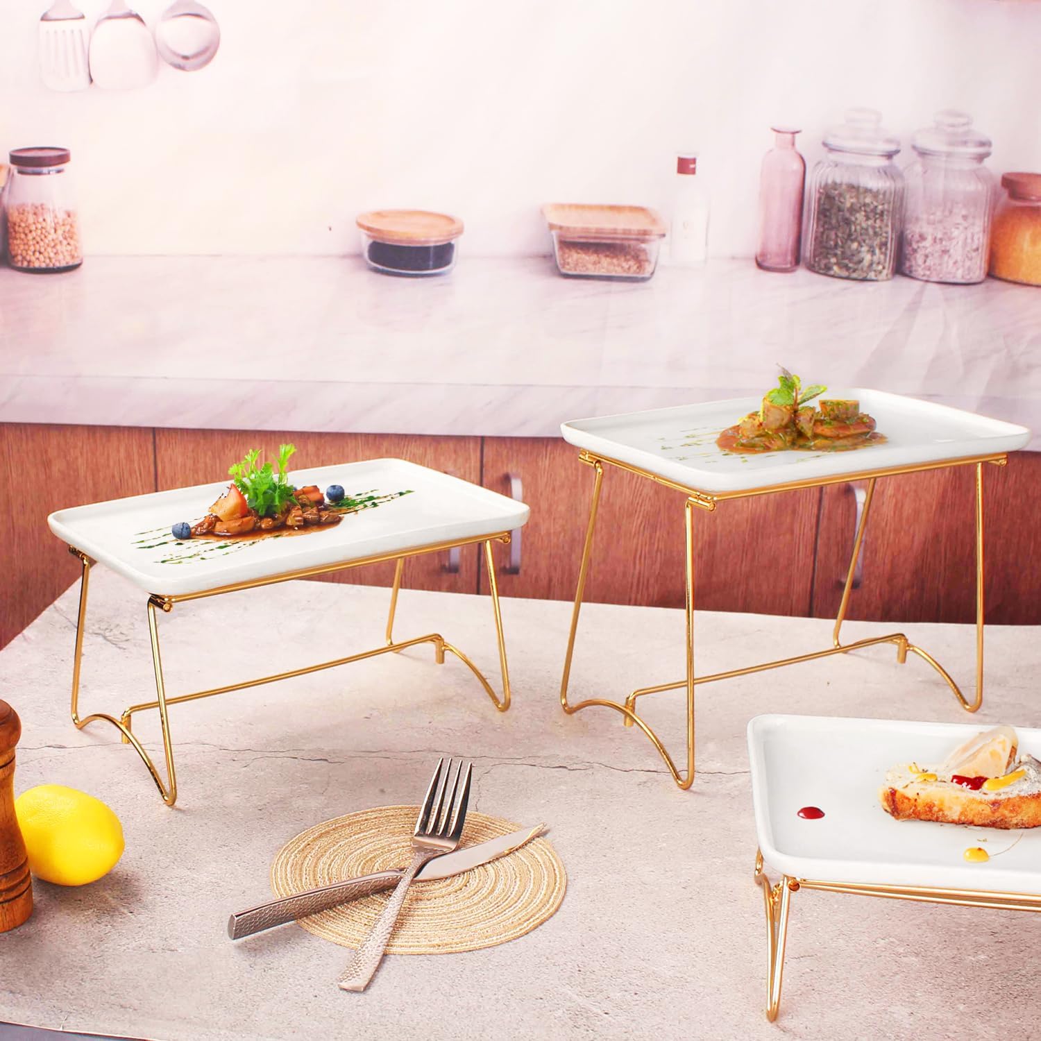 Ceramic Serving Tray Collapsible 3 Tiered Tray Stand, Entertainment Decorative Serving Platter for Parties, Buffet & Daily Use, Tiered Serving Trays & Platter with Rim 12 Inch