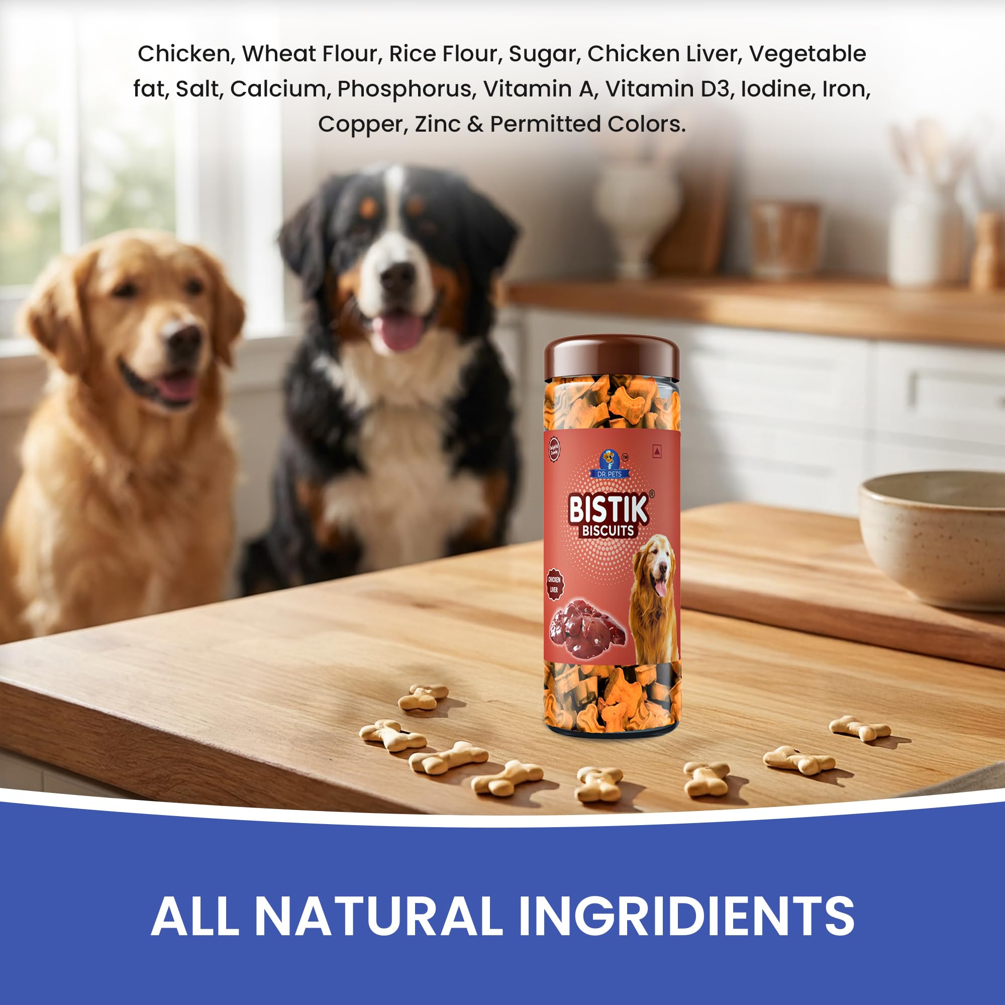 Dr. Pets 450g Bistik Dog Biscuits | Chicken Liver Flavour | Gluten Free Dog Treats for Puppies & Adult Dogs | Crunchy Training Reward & Daily Snack | Jar Pack