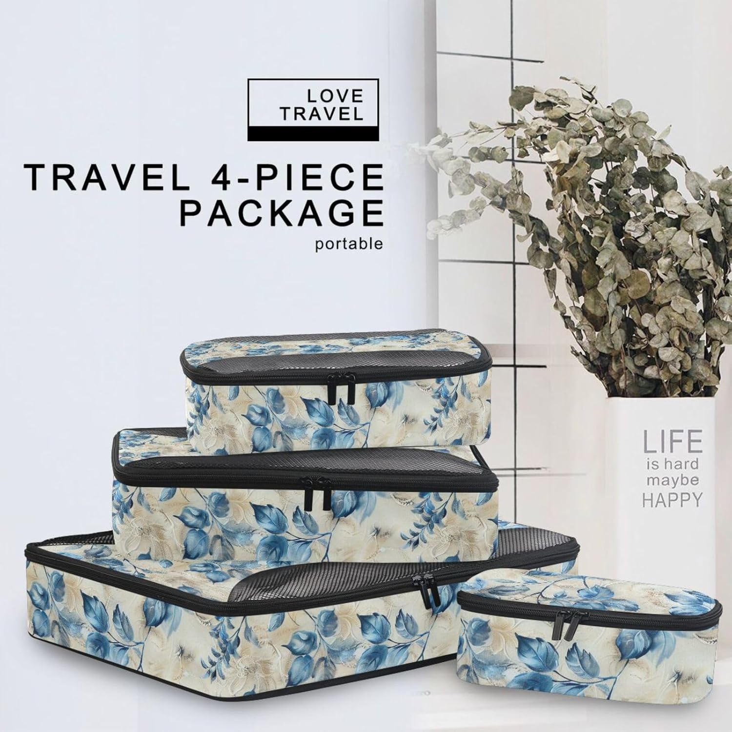 Blue Leaves 4 Pcs set organizer for travel Mesh Travel Essentials expandable large packing cubes