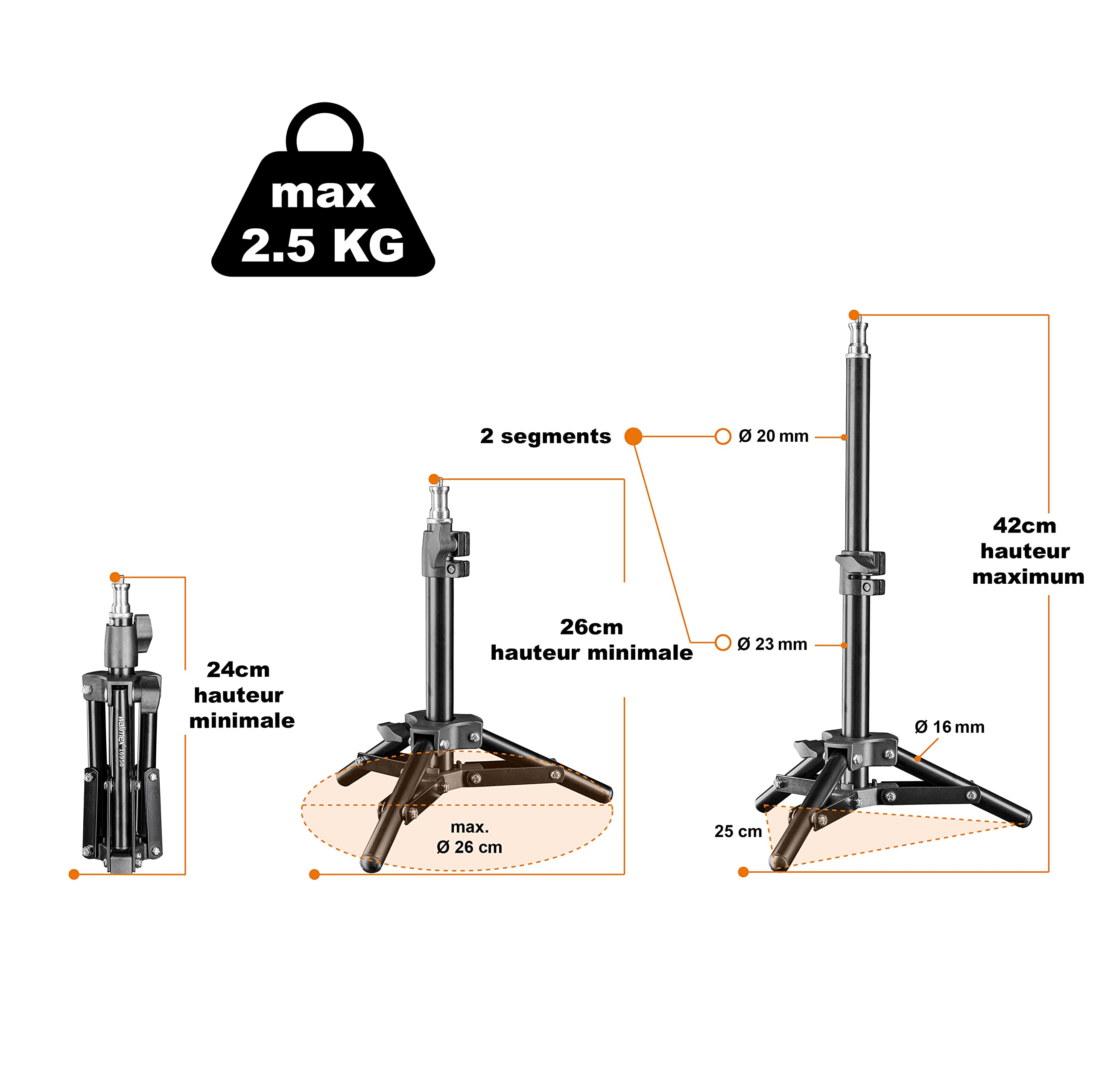 Walimex pro 40 cm Pied de lampe - Mini pied d'éclairage compact et léger, pied d'éclairage, hauteur maximale 42 cm, capacité de charge de 2,5 kg, aluminium, poids seulement 335 g
