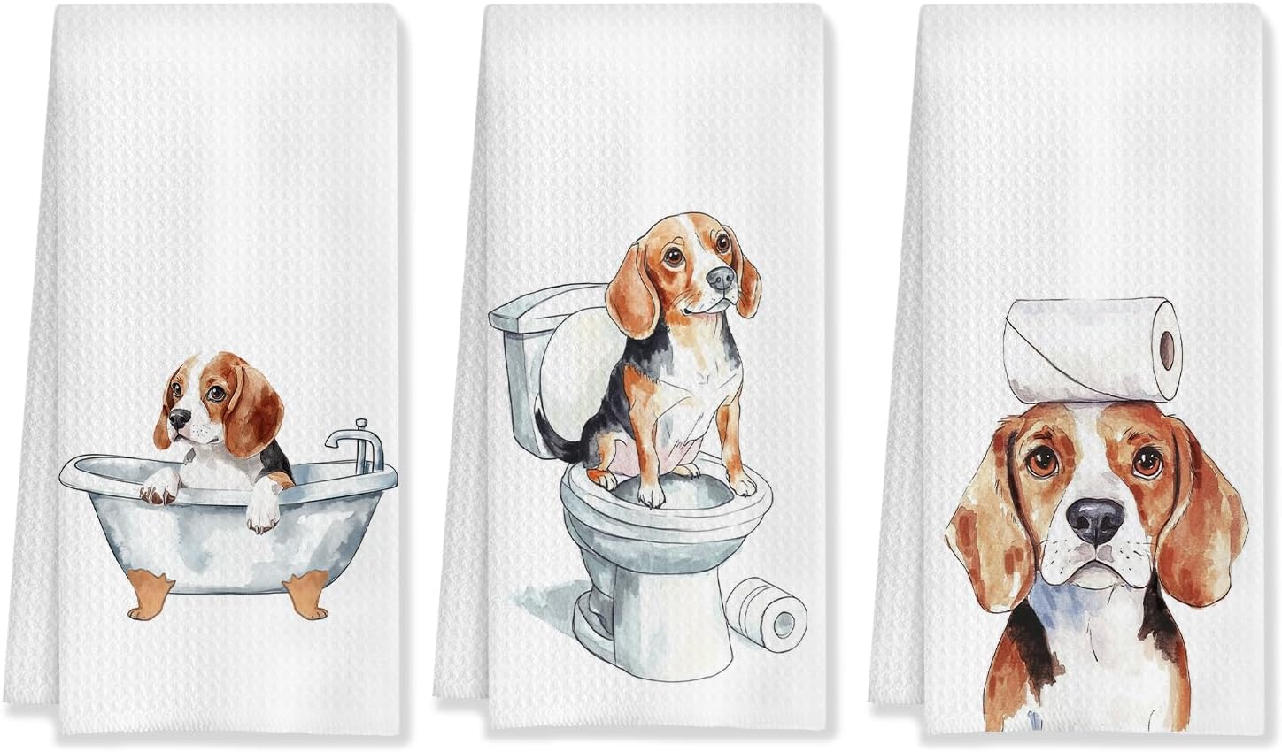 Funny Beagle Bathroom Hand Towels Set of 3, Beagle Decor Hand Towels for Bathroom, Beagle Gifts for Women Men, Gifts for Beagle Lovers, Kids Bathroom Decor, Dog Bathroom Decor, 16x24 Inch