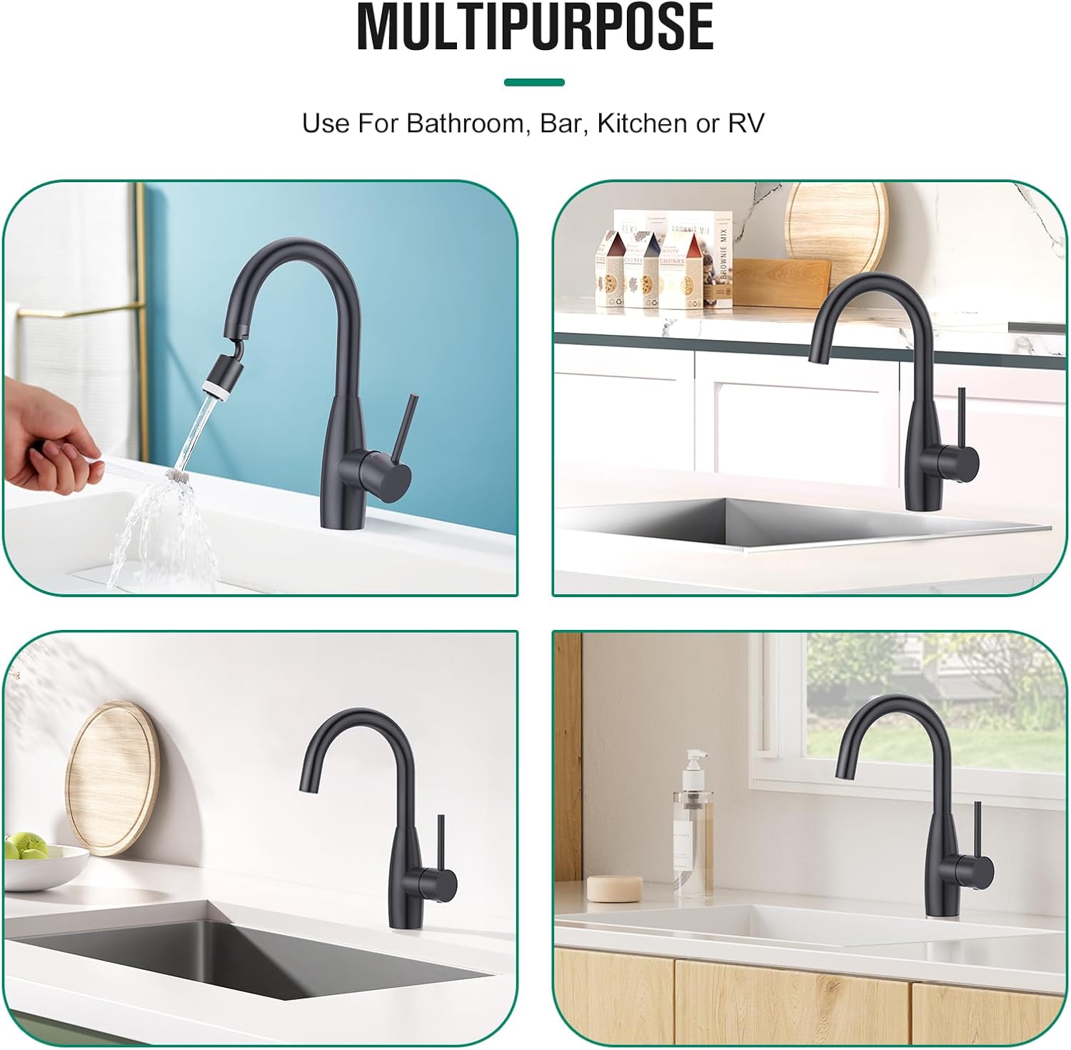 CREA Black Bar Sink Faucets Single Hole 1 Handle Small Kitchen Faucet Pre Mini Wet Bar Outdoor RV Marine 360° Swivel High Arc Stainless Steel 3 Hole Deck Plate
