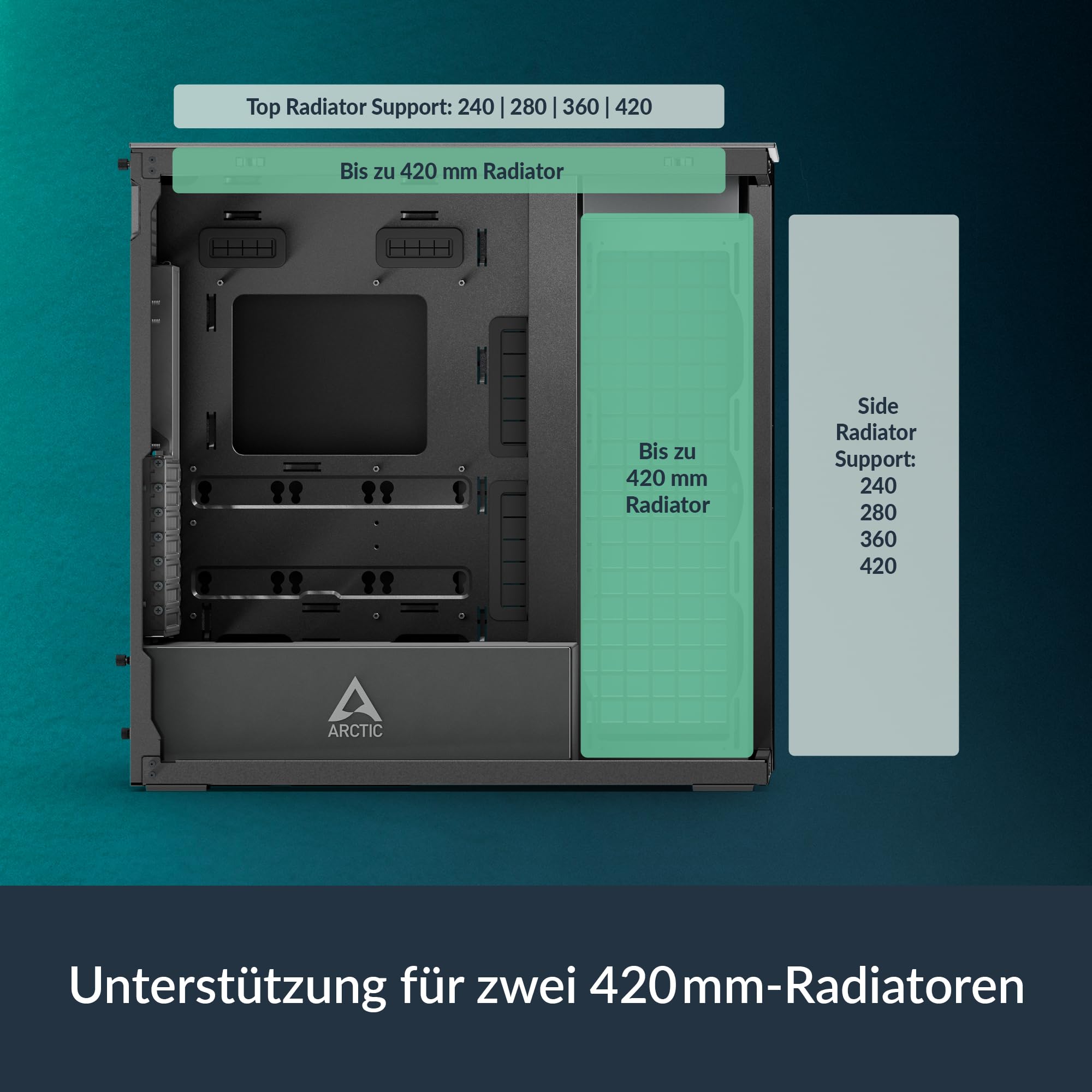 ARCTIC Xtender Black (Mirror Glass) - PC-Gehäuse, Verspiegeltes Glas, 2X 420 mm Radiator Support, Full Tower, Big Tower, E-ATX, 5X A-RGB Lüfter vormontiert - Schwarz