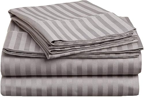 Juego de sábanas de 800 hilos 100% algodón Giza suave de fibra larga, juego de 4 piezas, tamaño Queen, rayas grises plateadas, hasta 7-9 pulgadas de
