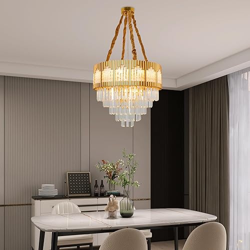 DYNAMI Candelabro de cristal moderno dorado, 23.6 pulgadas, redondo, 5 niveles, cristales transparentes, luces colgantes grandes, altura ajustable