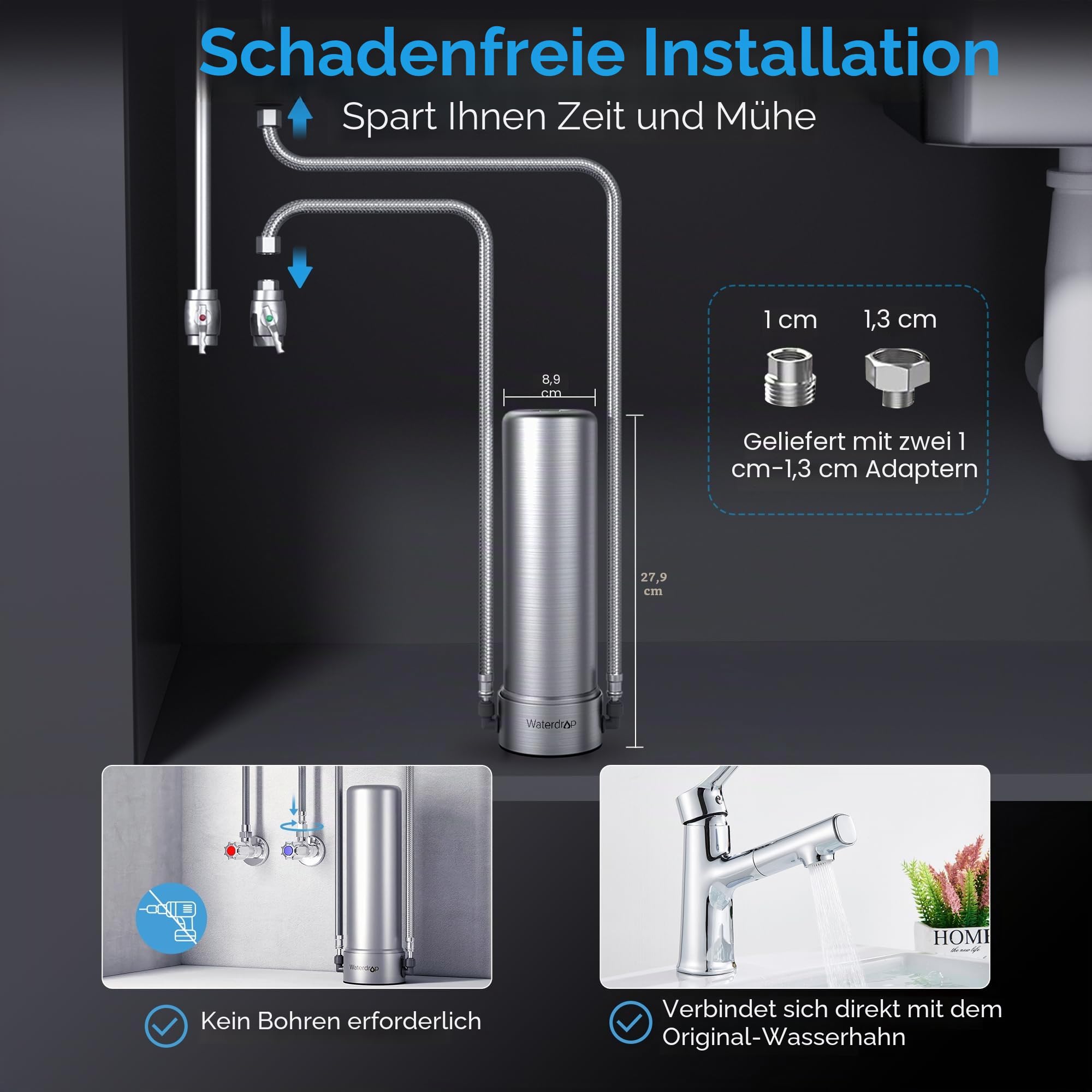 Waterdrop AS13 Untertisch Wasserfiltersystem 30.000 Liter, NSF/ANSI 42 Zertifiziert, 5+1 Stufe Edelstahl Unter Waschbecken Wasserfilter Trinkwasser, Reduzieren Blei, Chlor, Schlechten Geschmack