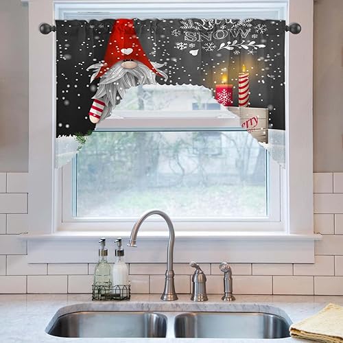 Miniatura 6 de ULQUISNCE Juego de cortinas para ventana de Navidad, 3 velas y cajas de regalo, juego de cenefas de cortina de cocina con bolsillo para barra para