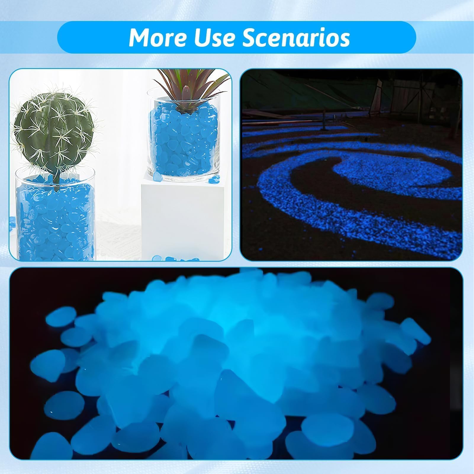 Pietre Luminose da Giardino 300 Pezzi, Sassi da Giardino, Decorative Sassi Luminosi, Brillanti Ciottoli, Pietre Luminosi per Acquario Prati Terrazza, Sassi Decorativi per Vasi, Pietra Luminosa, Blu