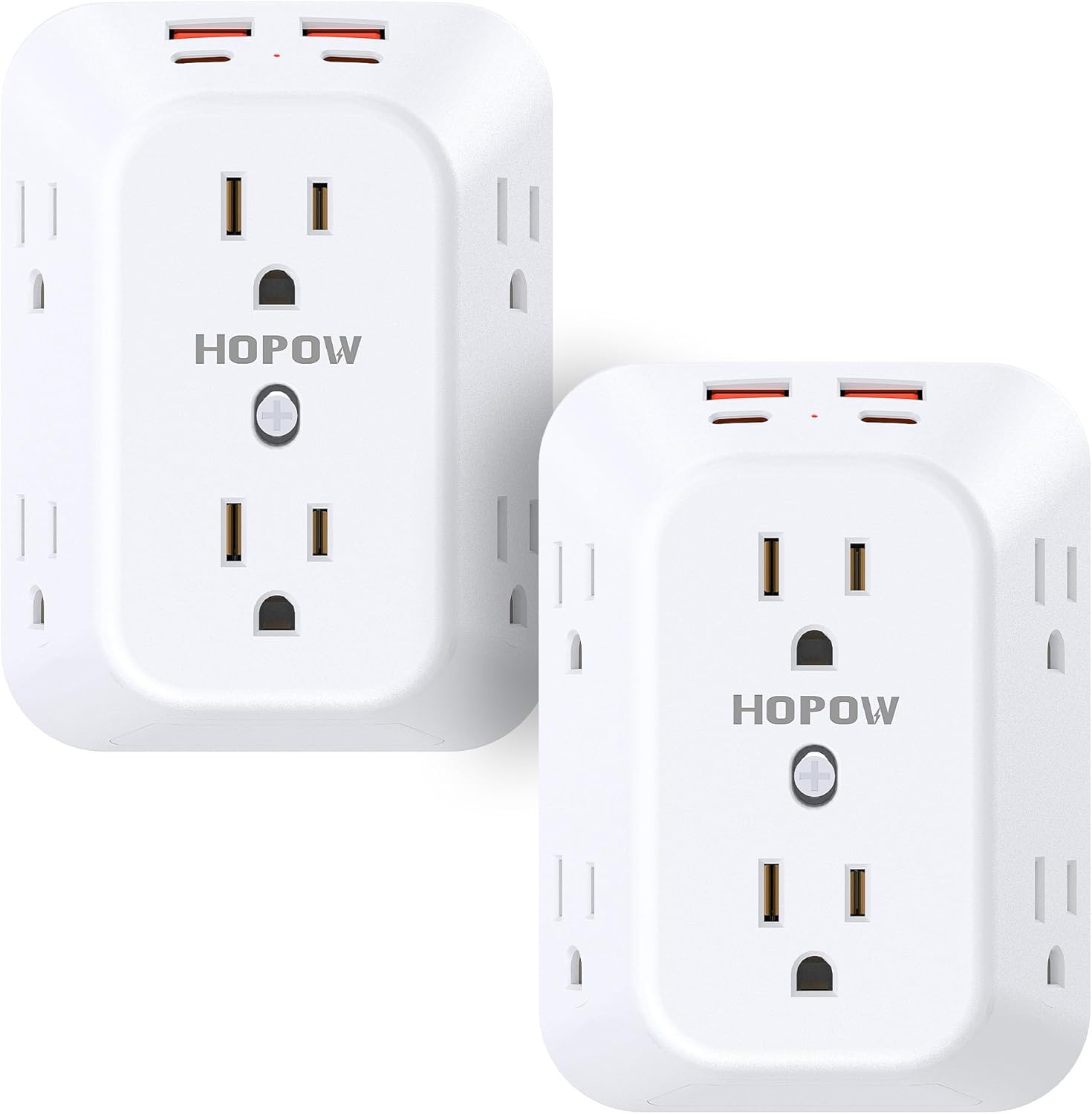 2 Pack Outlet Extender Surge Protector, HOPOW 6 Outlet Splitter with 4 USB Ports (2 USB C), USB Wall Charger, 3-Sided 1050J Multi Plug Wall Outlet, Wall Mount for Home Travel Office Travel, White