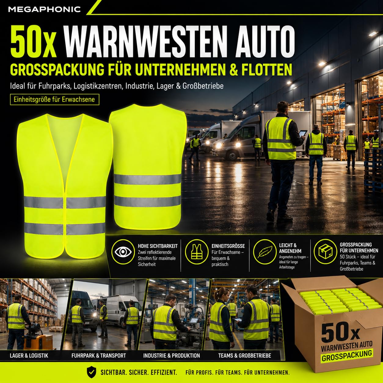MEGAPHONIC Warnwesten Auto – Reflektierende Auto Warnweste für Kfz, Panne, Notfall & Sicherheit, Warnweste Auto in verschiedenen Packungsgrößen