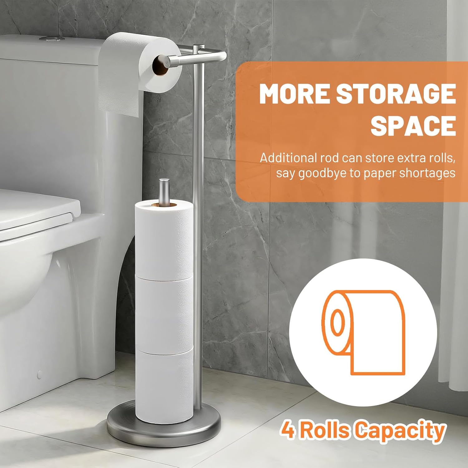 Housolution Toilet Paper Holder Stand, Brushed Nickel Freestanding Toilet Paper Holder with Post Pivoting Design and Stable Weighted Base, Stainless Steel Bathroom Toilet Paper Holder