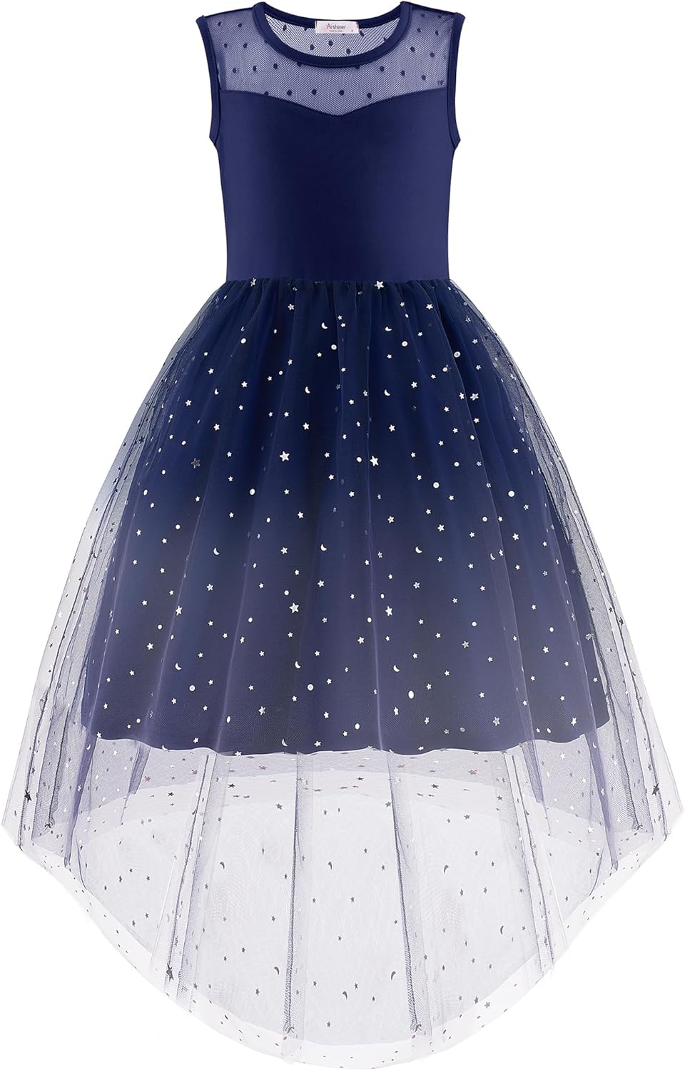 Arshiner Girls Dresses Formal Party Wedding Tulle Sleeveless Contrast Mesh High Low Dress with Belt