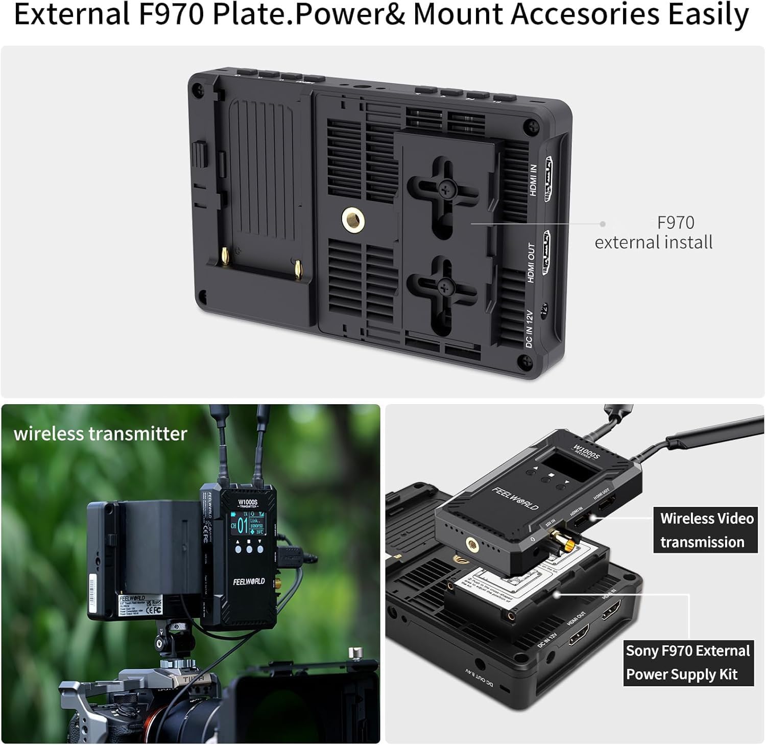 ANDYCINE A6 II Monitor displaying a bee on a flower, with icons for key features