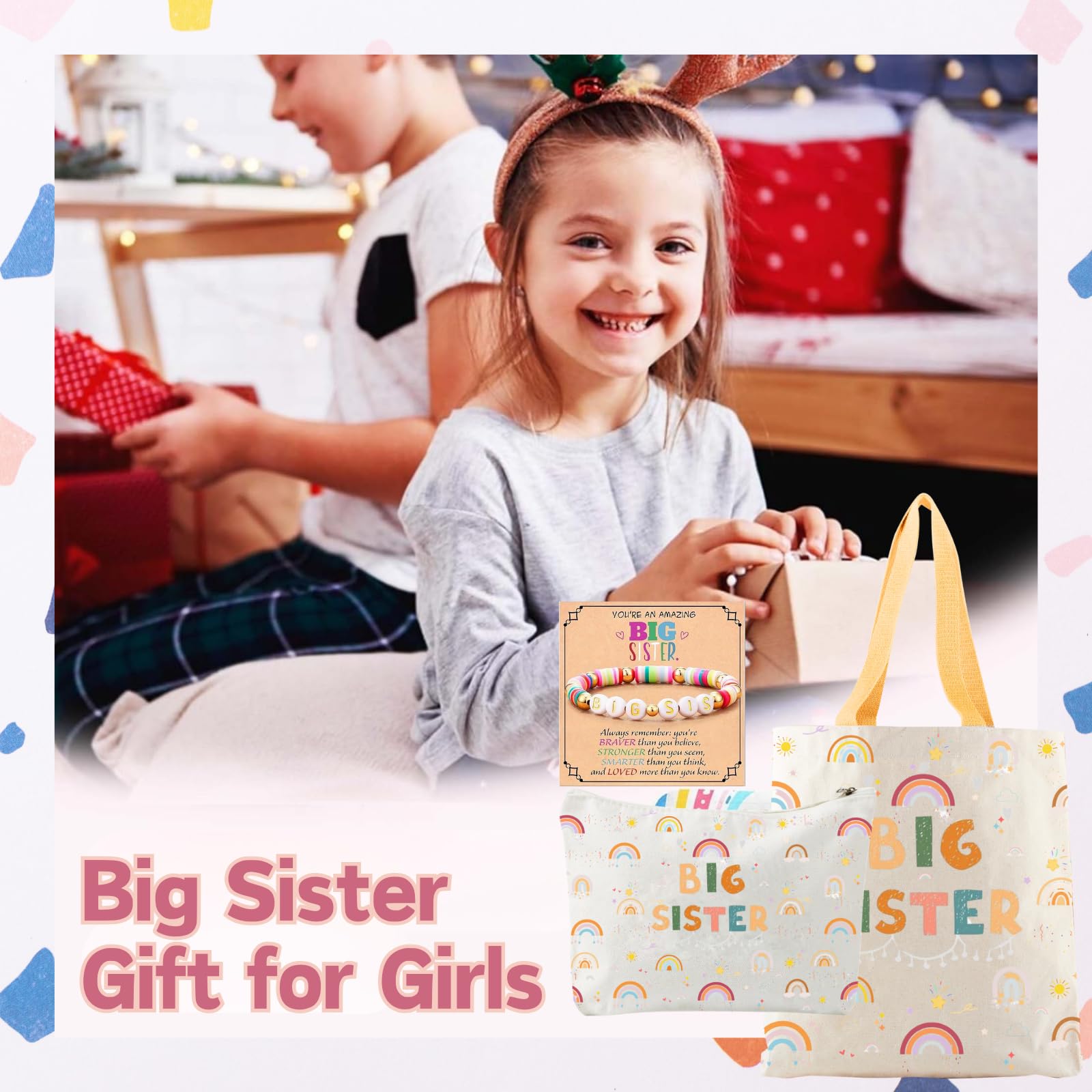 3PCS Big Sister Gifts for Girls, Big Sister Tote Bag, Pen Bag, Bracelet for Announcement Gift Set Sibling Keepsake