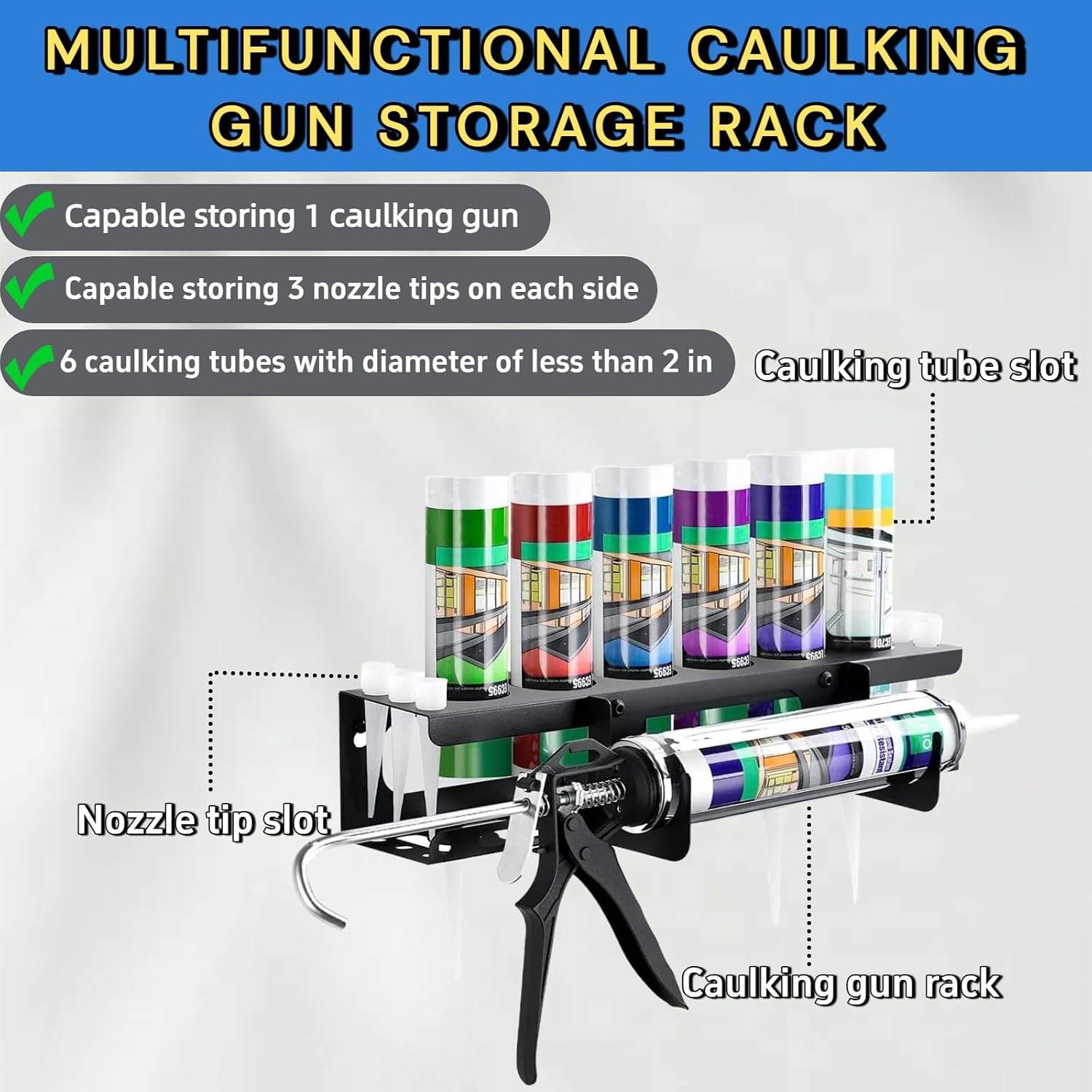 Caulking Gun and Caulk Tube Holder Wall Mounted Grease Gun Holder Metal Glue Gun Storage Rack Holds 1 Caulk Gun, 6 Caulking Tube and 6 Caulking Nozzle for Workshop Garage and Work Van Organizer, Black