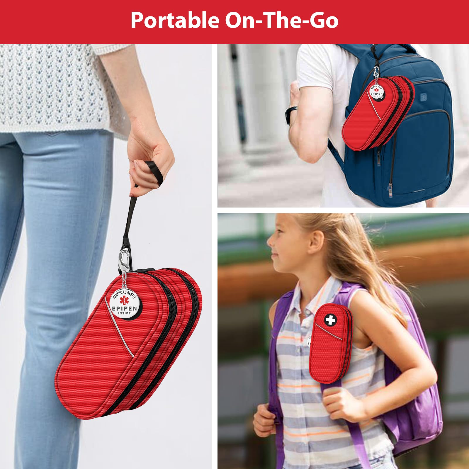 SITHON EpiPen Medical Tragetasche mit Epipen Inside Schlüsselanhänger, tragbare Doppelschicht Tasche Organizer für 2 EpiPens, Asthma-Inhalator, Anti-Histamin, Auvi-Q, (Rot)