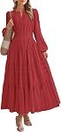 BTFBM Spring Dresses for Women 2026 Casual Long Sleeve V Neck Elastic Waist Lightweight Maxi Wedding Guest Dress Pockets