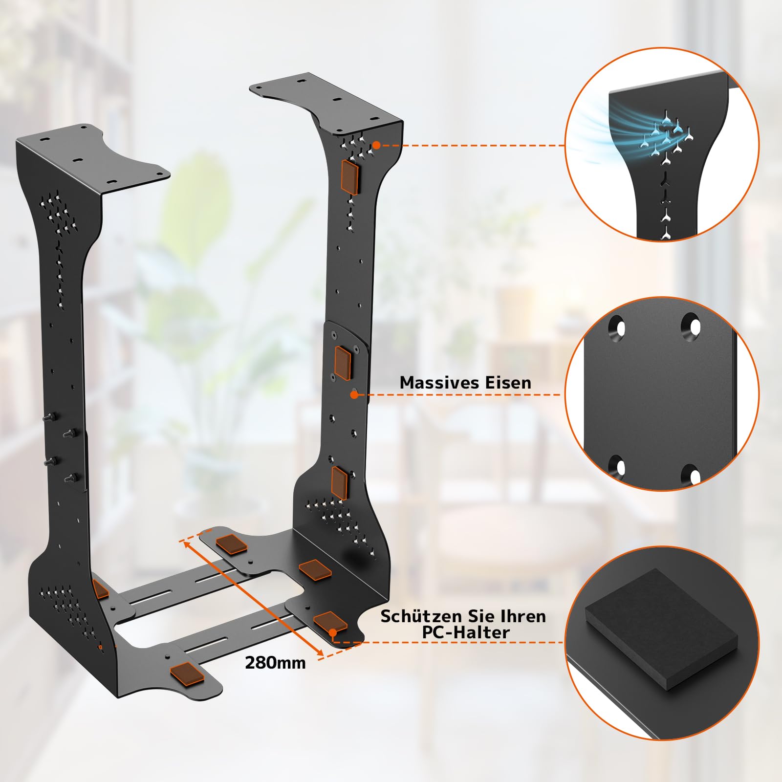 PUTORSEN PC Halterung unter Schreibtisch, Maximale Breite bis zu 340 mm, bis zu 35 kg Tragfähigkeit, PC Untertisch Halterung mit Schutzpolster, Heavy Duty Computergehäuse,Schwarz