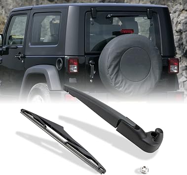 Rear Wiper Arm and Blade Kit for 2007-2018 Jeep Wrangler JK | Replaces 68002490AB 68002491AA Premium Plastic Arm Natural Rubber Blade Stainless Steel Nut Included