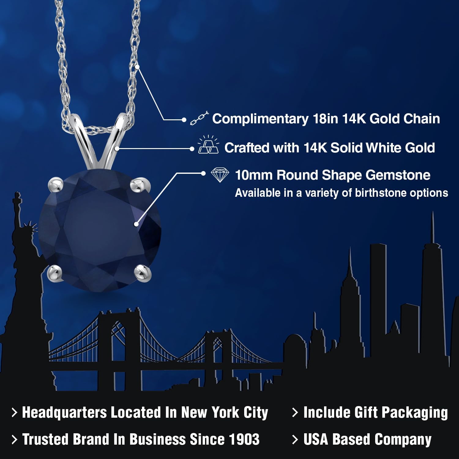 Gem Stone King 10MM Round Gemstone Birthstone Pendant Necklace For Women | 10K White Gold | Gold Necklace For Women | With 18 Inch Chain | Fine Jewelry Gifts for Her Mom Wife - Image 2