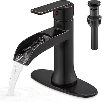 Waterfall Bathroom Sink Faucet Oil Rubbed Bronze, Brass Single Handle Bathroom Faucet 1 Hole or 3 Hole 4 Inch, Modern Bathroom Vanity Faucets with Pop Up Drain & Deck Plate for Rv Farmhouse