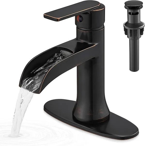HOIGY Waterfall Bathroom Sink Faucet Oil Rubbed Bronze, Brass Single Handle Bathroom Faucet 1 Hole or 3 Hole (4 Inch), Modern Bathroom Vanity Faucets with Pop Up Drain & Deck Plate for Rv Farmhouse
