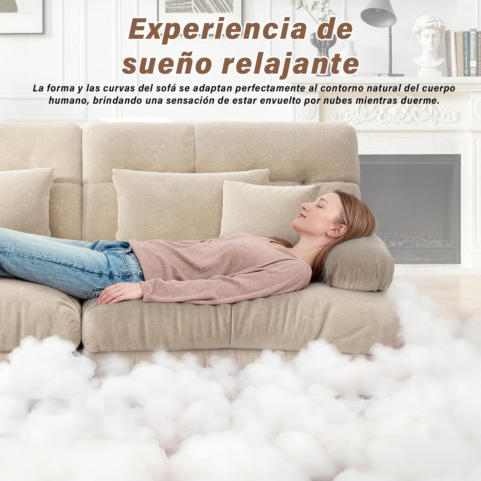 SoarFlash Sofá L Modular de 2 plazas para salón Moderno, sofá Nube de Tela Chenille con reposabrazos, marrón Claro, 145×220cm