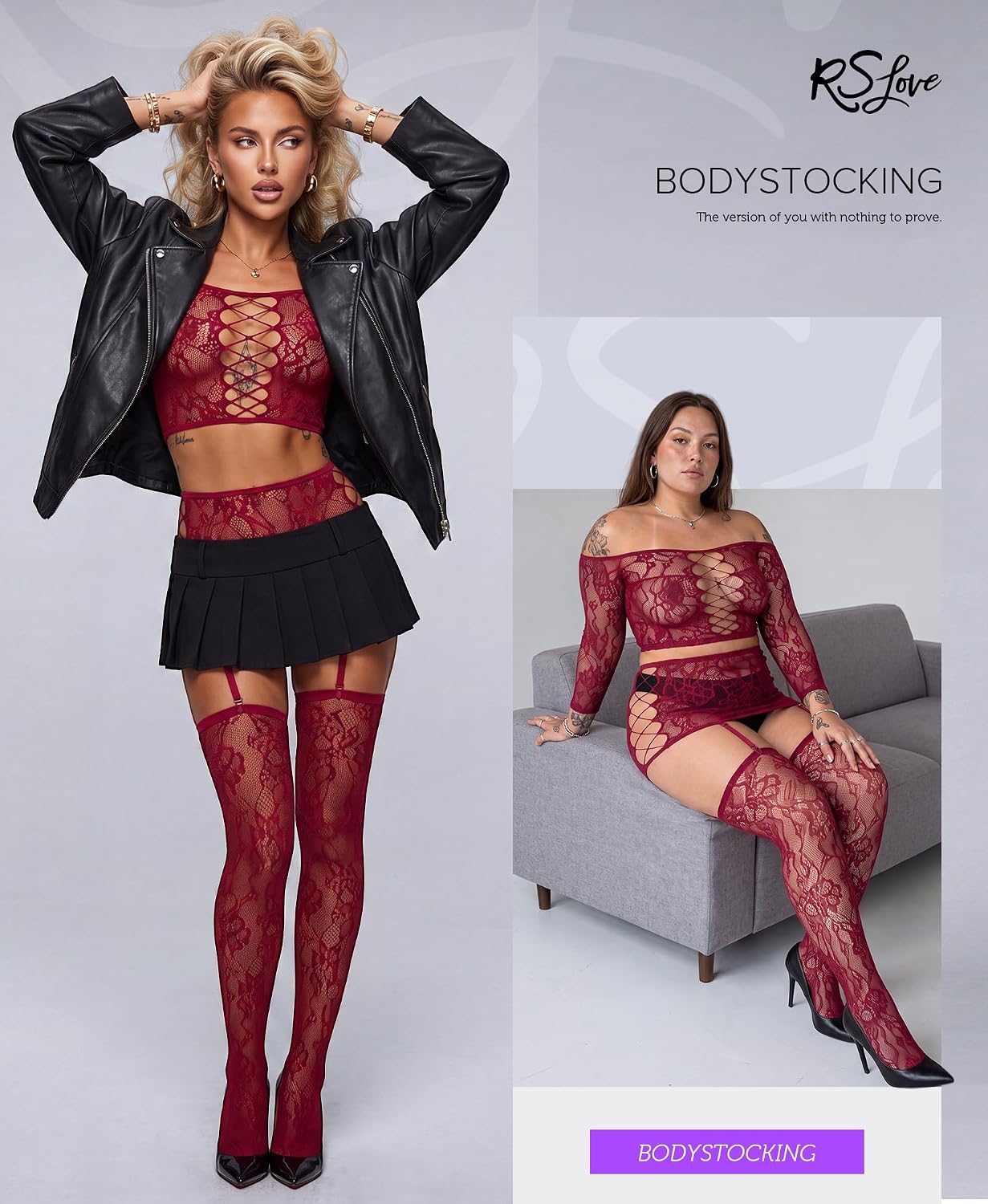 RSLOVE Lingerie Sets for Women Sexy - Fishnet BabyDoll Garter Mini Skirt Bodystocking Mesh Bodysuit Outfits Nightwear