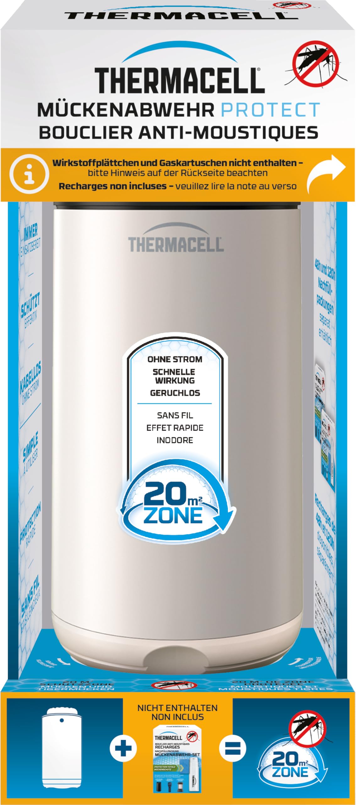 THERMACELL - Difusor antimosquitos y Mosquitos, para Exteriores, jardín, terraza, inalámbrico, nómada, Zona de protección, 20 m², Efecto rápido, Inodoro, recargas no Incluidas, Color Blanco