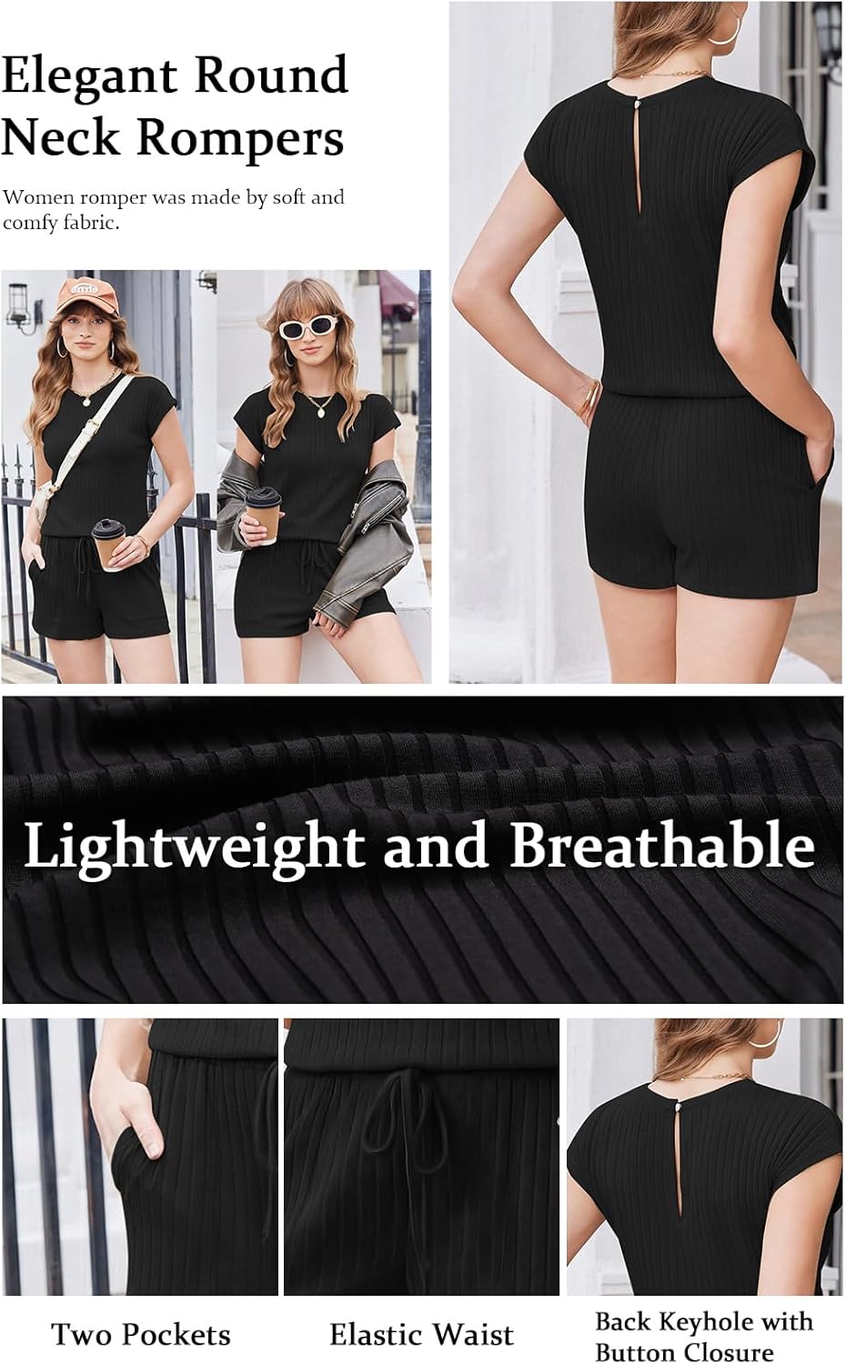 Ekouaer Rompers for Women Summer Casual Cap Sleeve Crewneck Short Pants Jumpsuit Beach Vacation Outfit with Pockets S-XXL - Image 5