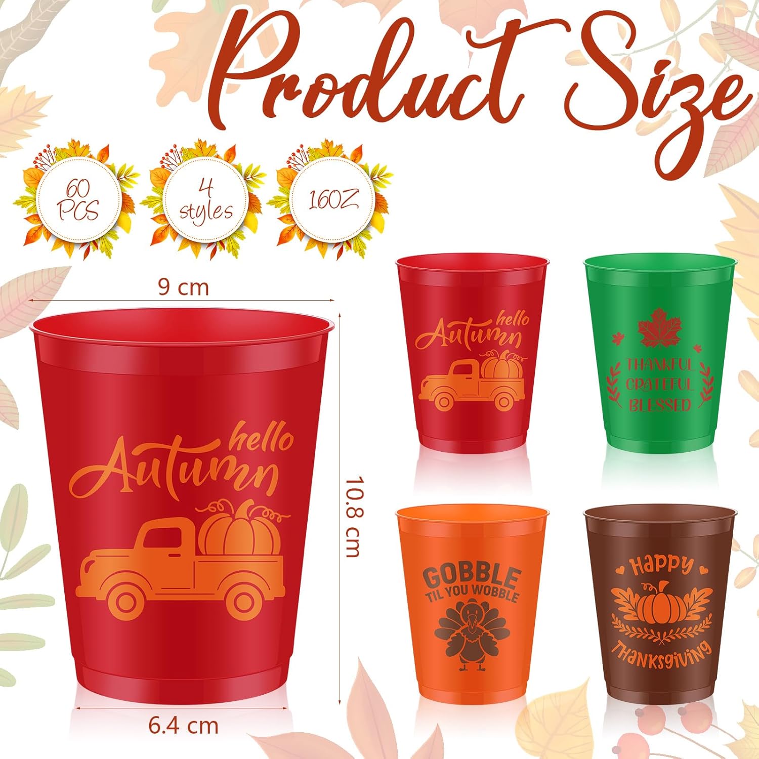 Soaoo 60 Pcs Thanksgiving Plastic Cups 16 oz Orange Cups Fall Stadium Cups Happy Autumn Drinking Cups Disposable Cups for Thanksgiving Party Supplies Liquor Coffee Juice Cold Beverage
