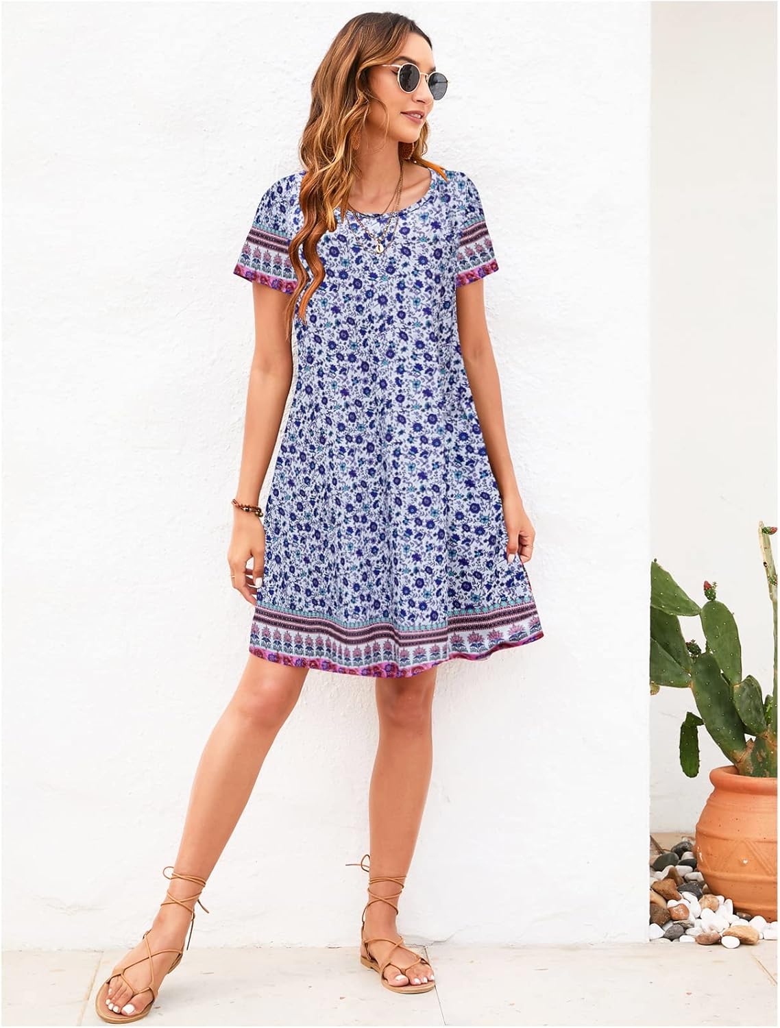 Sherosa Women's Summer Dresses 2026 Beach Boho Floral Sundress Short Sleeve Loose Casual Tshirt Dress with Pockets - Image 6