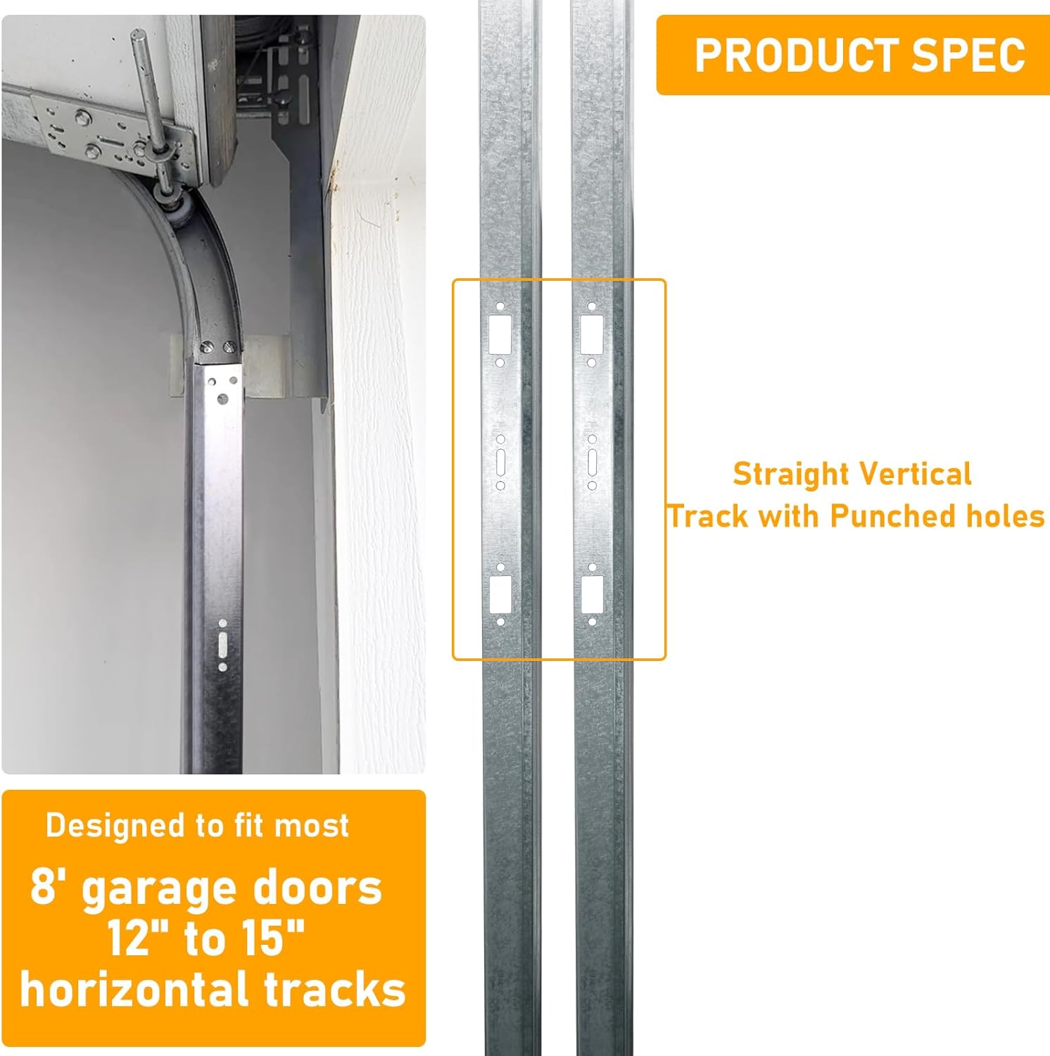 1 Pair Universal 8 FT Garage Door Vertical Track | 88" 1.5mm 20 Gauge Steel | Fits 2" Rollers | Garage Replacement Tracks