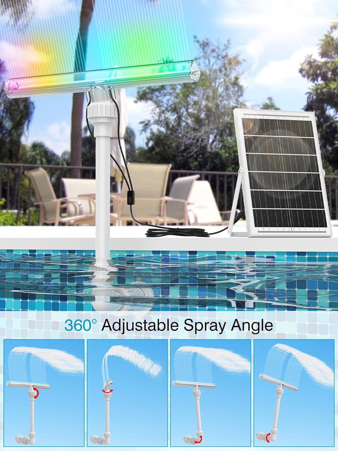 Solar Pool Fountain with 15-Color LED Lights, Adjustable Water Pressure & Angle, Fun Pool Sprinkler Waterfall for Above & Inground Pools, Ponds & Outdoor Decorations