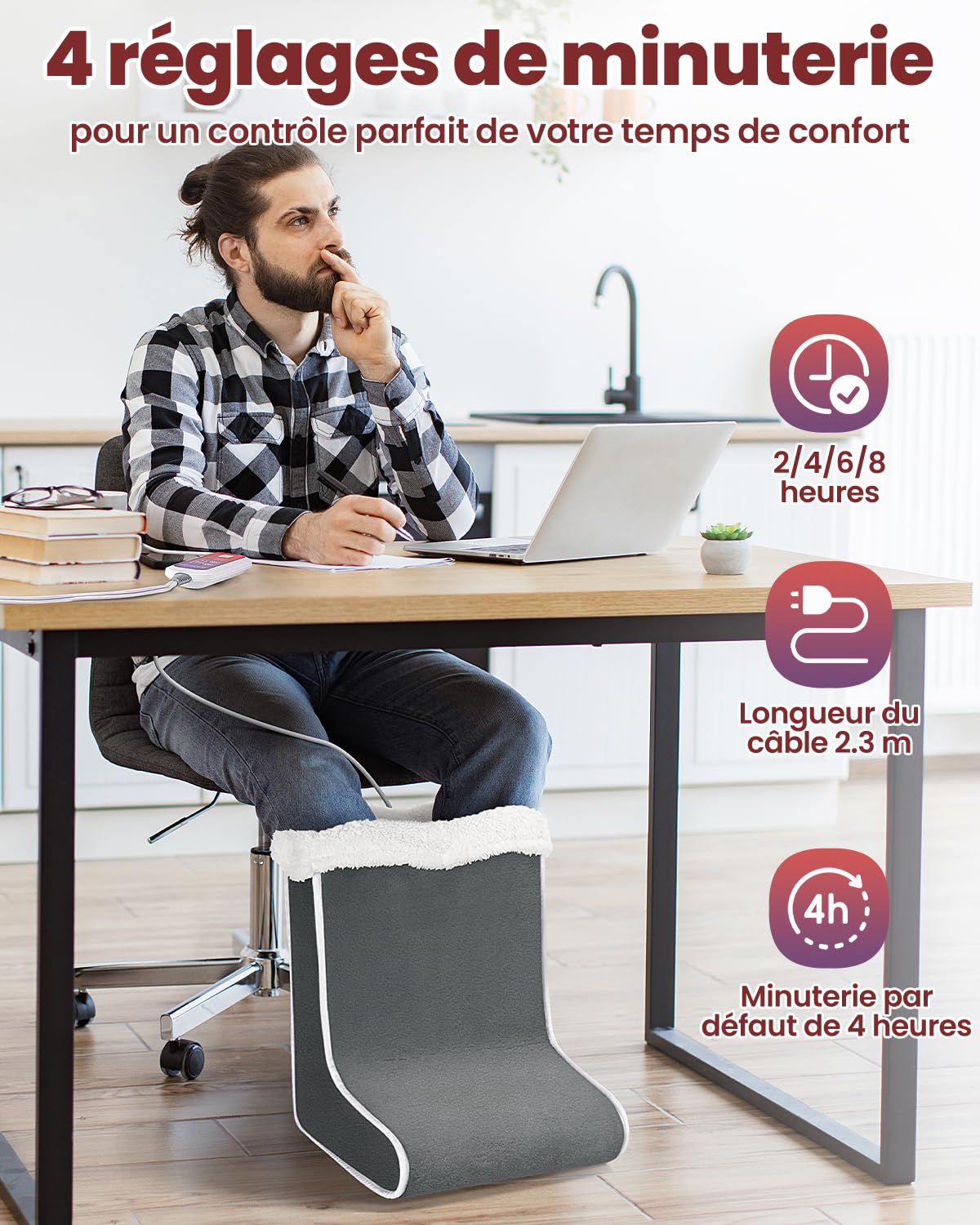 Chauffe Pied Electrique, Chauffage Rapide Chauffe Pied avec 6 Niveaux de Température et 4 Minuterie, Lavable Chauffe Pieds Chauffant Électrique avec Arrêt Automatique pour Maison Bureau