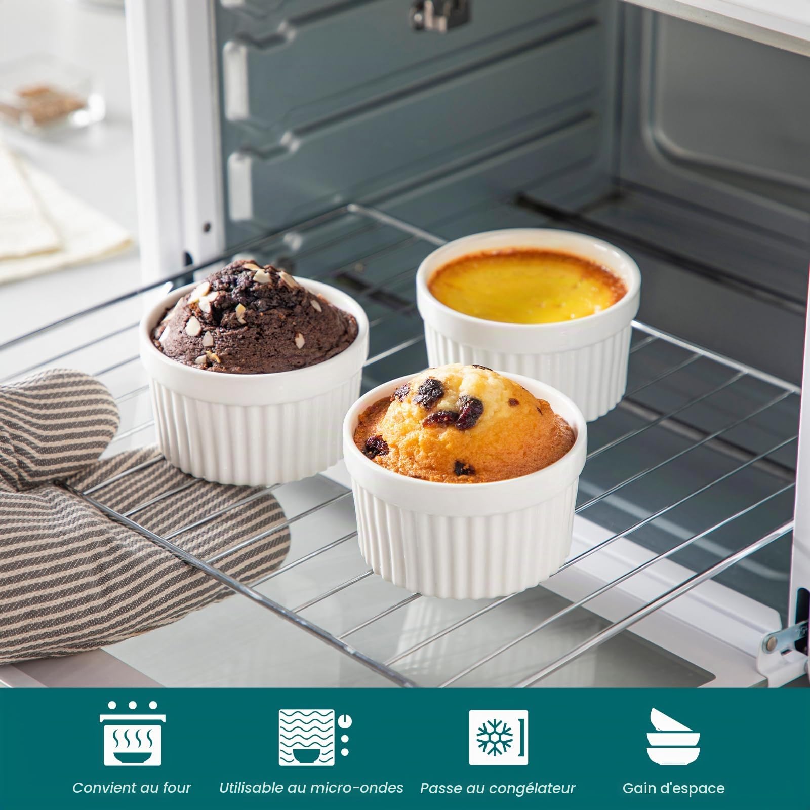 vancasso Ramequins avec Couvercles Lot, 6 X 200 ML Ramequins et Moules à Soufflés en Porcelaine, Ramequin Creme Brulee pour Muffin et Gâteau, Ramequin Four à Crème, Sauce, Fruit, Ø9.5 CM - Blanc